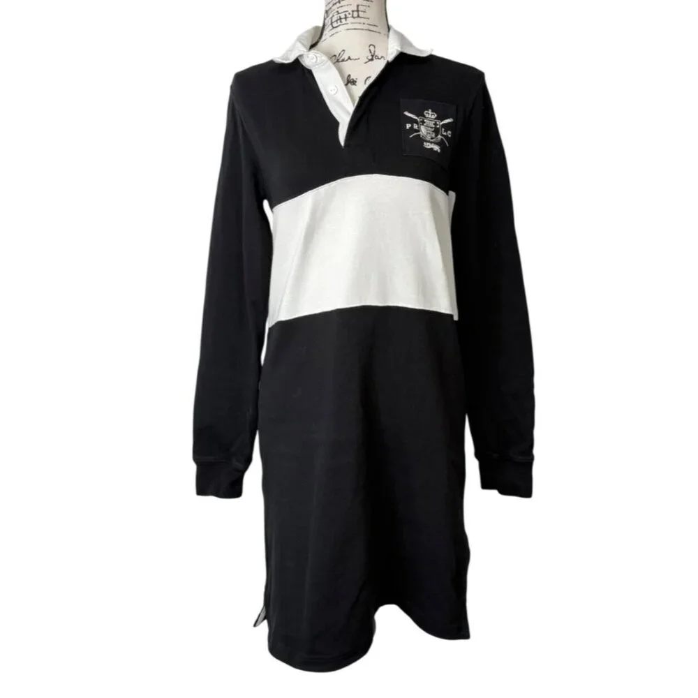 Polo Ralph Lauren Womens Rugby Dress Black & White Stripped Long Sleeve Size XS - Picture 2 of 9